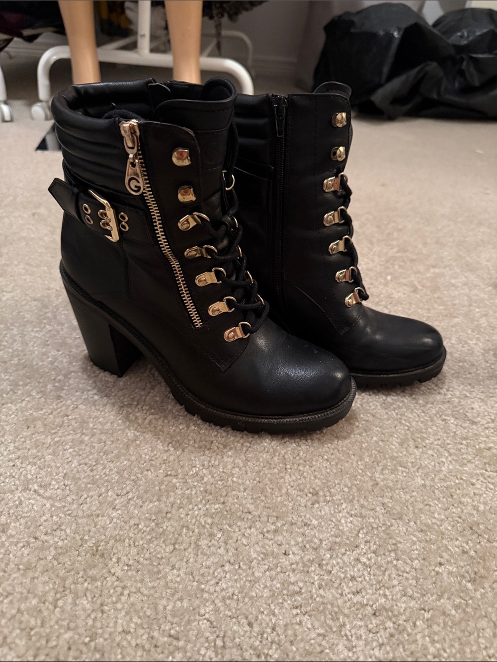 Guess Black Leather Lace-Up Block Heel Ankle Boots with Gold Hardware